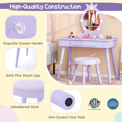 Costzon Kids Vanity, Girls Vanity Set with Mirror and Stool and Lights, Drawer, 2 in 1 Wooden Makeup Vanity Desk Dressing Table, Kids Vanity Table and Chair Set (Violet)