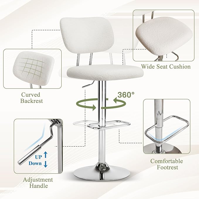 Furniliving Adjustable Bar Stools Set of 4, Modern Teddy Velvet Swivel Barstools with Curved Back, Stylish Armless Counter Height Bar Stools Bar Chairs for Kitchen Island, Bar, Grey
