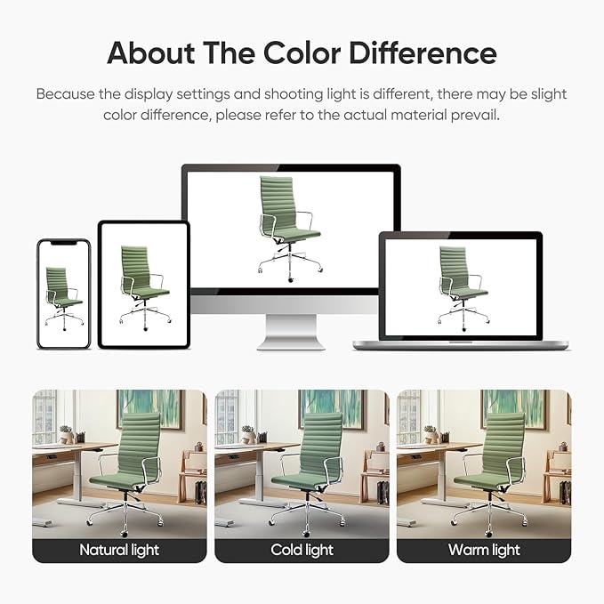 Ribbed Office Chair with Top Grain Leather - High Back Ergonomic Desk Chair with Aluminum Arm Rest and 5-Star Base, Swivel Chairs Light Green