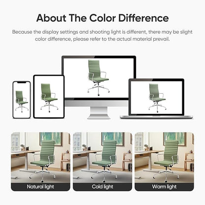 Ribbed Office Chair with Top Grain Leather - High Back Ergonomic Desk Chair with Aluminum Arm Rest and 5-Star Base, Swivel Chairs Light Green