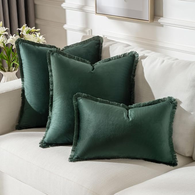 FUTEI Christmas Army Green Velvet Decorative Throw Pillow Covers 22x22 Set of 2,Soft Cozy Edge with Tassels Cushion Case,Boho Modern Home Decor for Couch Bed Living Room
