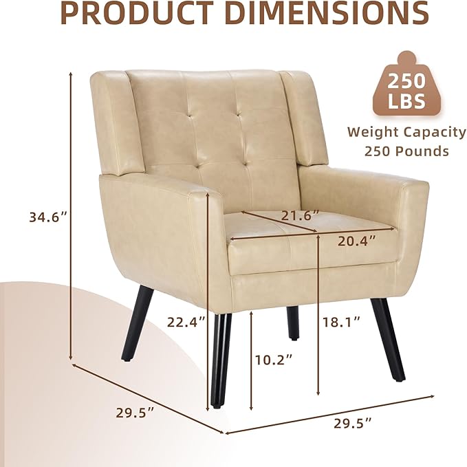 Dolonm Midcentury Modern Leather Accent Chair with Arms, Upholstered Reading Side Chair Tufted Back Decorative Wingback Chair for Living Room Bedroom (Khaki-PU)