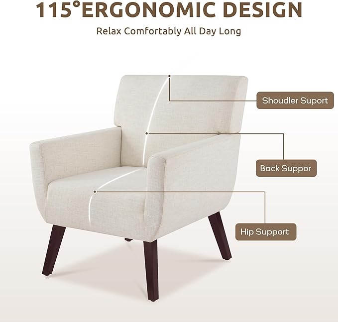 Upholstered Accent Chair,Mid Century Modern Linen Fabric Small Living Room Chair with Arm,Comfy Wingback Armchair for Bedroom Reading Beige