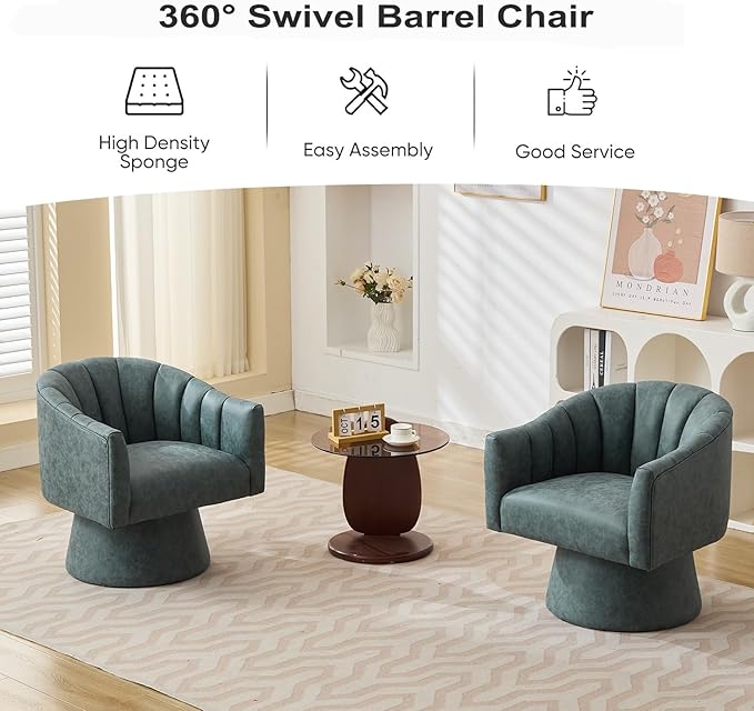 Swivel Accent Chair, Faux Leather 360° Swivel Barrel Chair Upholstered Modern Living Room Chair, Overstuffed Reading Armchair for Bedroom,Vanity,Office-Navy