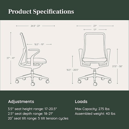 Branch Verve Chair - High Performance Executive Office Chair with Contoured Seat Back and Adjustable Lumbar Rest - High Density Foam Cushion with Aluminum Base - Up to 275 lbs - Mist