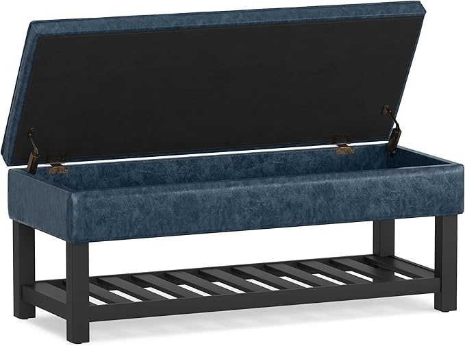 SIMPLIHOME Cosmopolitan 44 inch Wide Transitional Rectangle Storage Ottoman Bench with Open Bottom in Denim Blue Vegan Faux Leather, Assembled for the Living Room and Bedroom