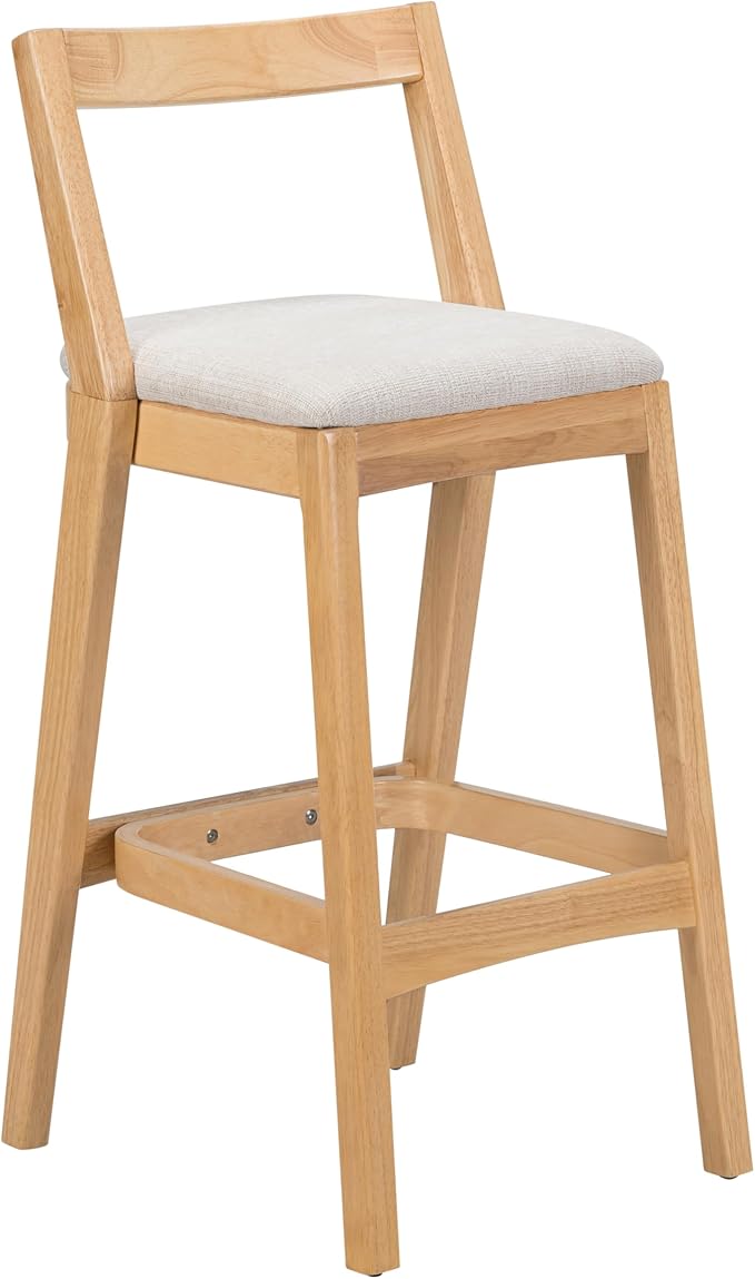 Christopher Knight Home Yone Counter Height Bar Stools Set of 2, Comfy Fabric Upholstered Bar Stool for Kitchen Island, Wooden Dining Room Chair, Barstools with Footrest/Backrest, Beige + Natural