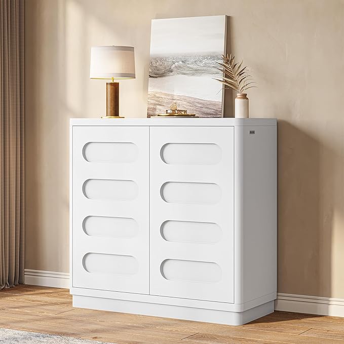 Buffet Cabinet Set of 2 with Storage, Arc Accent Sideboard with 2 Doors and Adjustable Shelves, Large Console Table for Dining Room, Kitchen, Living Room, White