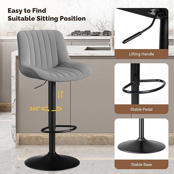 Nalupatio Bar Stools Set of 2, Adjustable Modern Swivel Bar Stools with Backs, Counter Height Performance Fabric Island Chairs for Home Kitchen, Dark Grey