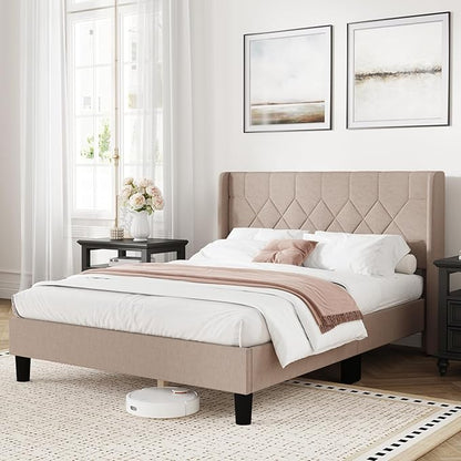 Novilla Full Size Bed Frame, Full Bed Frame with Headboard, Linen Upholstered Pull-Point Wing Side Headboard, No Box Spring Needed, Heavy Duty Feet, Easy Assembly, Beige
