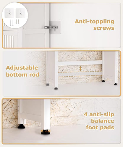 Over The Toilet Storage Shelf with Drawer, Above Bamboo Bathroom Organizer Cabinet with Anti-Tip and Waterproof Feet Pad Design, Freestanding Shelf for Bathroom (White)