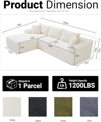 108 Inch Cloud Sectional Couch,Modern Modular Sectional Sofa with Deep Seat,Corduroy Boneless Couches with L-Shape Chaise for Living Room,No Assembly Required (Beige, Left Facing Chaise)