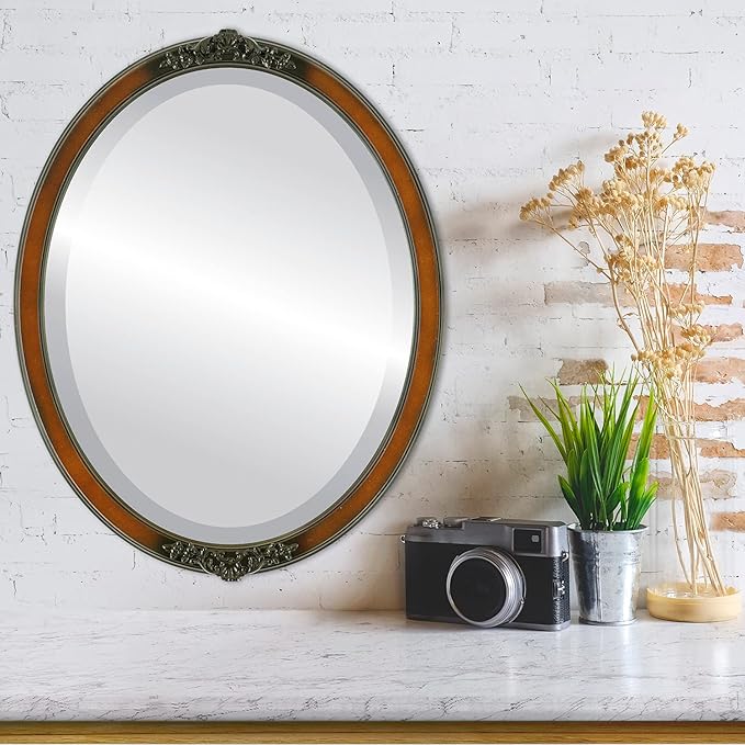 OVALCREST Oval Beveled Wall Mirror for Home Decor - Athena Style - Walnut - 26" x 22" Outside Dimensions