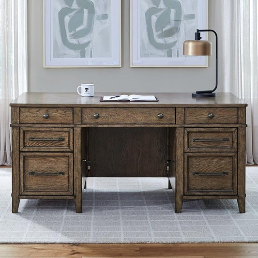 Liberty Furniture Carolina Park Jr Executive Desk with Keyboard Tray, Locking File Storage for Home Office- Amber Brown Oak Wood