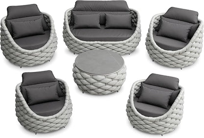 Cushioned Outdoor Patio Furniture Set: 6 Pieces Aluminum Porch Conversation Sofa Set - Modern Hand Woven Rope Deck Couch Set - No Assembly All Weather for 661lbs Yard Garden Poolside Hotel, Gray