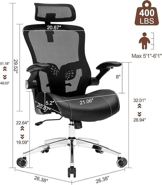 Heavy Duty Office Chair - 400lbs Home Office Desk Chairs with Soft 3D Modeling Wide Foam Cushion, Ergonomic Desk Computer Chair with Adjustable Headrest and Flip-Up Arms for Study, Bedroom