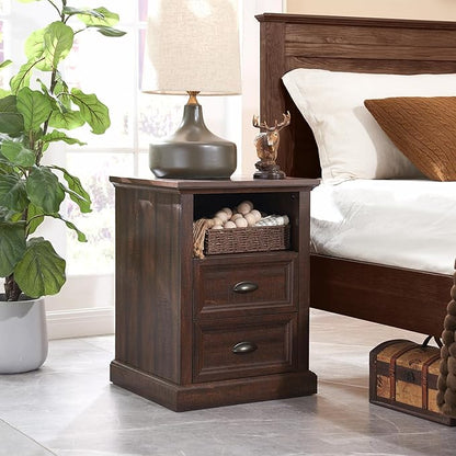 21" Tall Nightstand with Charging Station, Farmhouse 18" Wide End Table with 2 Storage Drawers, Wood Rustic Side Table w/Open Shelf for Bedroom, Living Room, Closet, Brown