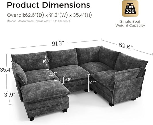 KKL Modular Sectional Sofa, J-Shaped 5 Seater Convertible L-Shaped Cloud Couch with Ottoman, Chenille Modern Sectional Couches for Living Room, Apartment Grey