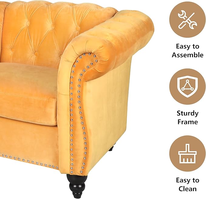 Velvet Loveseat Sofa, Mid Century Modern Upholstered Couch, 62" Oversized Comfy 2 Seater Love Seat Couch with Cushions, Tufted Chesterfield Sofa for Living Room, Bedroom, Apartment (Yellow)