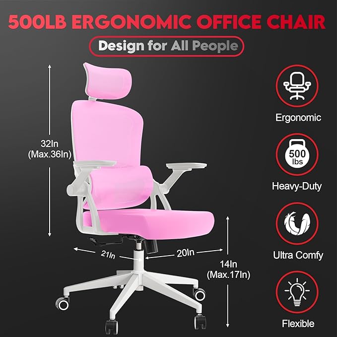 Ergonomic Office Chair - 400LB Comfy Desk Chairs with Adjustable Headrest and Lumbar Back Support, Mesh Computer Chairs with Wheels and Arms for Home Office, Study, Bedroom and Dorm (01pink)