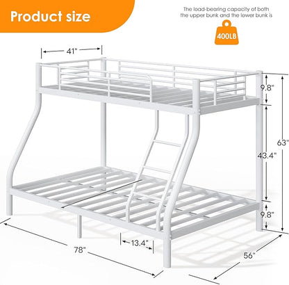 Bunk Beds Twin Over Full Size, Heavy Duty Bunk Beds with Bottom Space & Guardrail Metal Bunk Bed Frame for Adults - Dorm Bedroom Guest Room, No Box Spring Needed（Upgrate White）