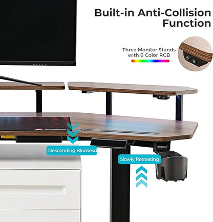 EUREKA ERGONOMIC Standing Gaming Desk with Dual Motor,63" Wing Shaped Computer Desk w Mouse Pad, Electric Adjustable Height Table w LED Monitor Stands,Slot Design,Walnut