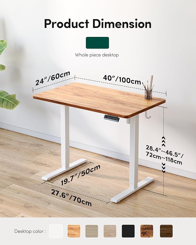 FEZIBO One-Piece Standing Desk Adjustable Height Stand up Home Office Desk, 40x24 Inch Electric Standing Computer Desk, with 4 Memory Presets, Headphone Hook, Light Rustic