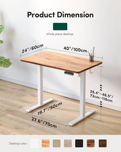 FEZIBO One-Piece Standing Desk Adjustable Height Stand up Home Office Desk, 40x24 Inch Electric Standing Computer Desk, with 4 Memory Presets, Headphone Hook, Light Rustic