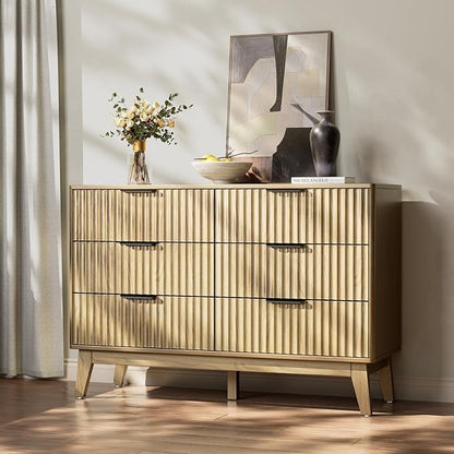 Modern 6 Drawer Dresser, Natural Oak, Fluted Wave Design, Rounded Corners, Mid Century Dresser TV Stand, 48" Wide Chest of Drawers for Bedroom and Living Room