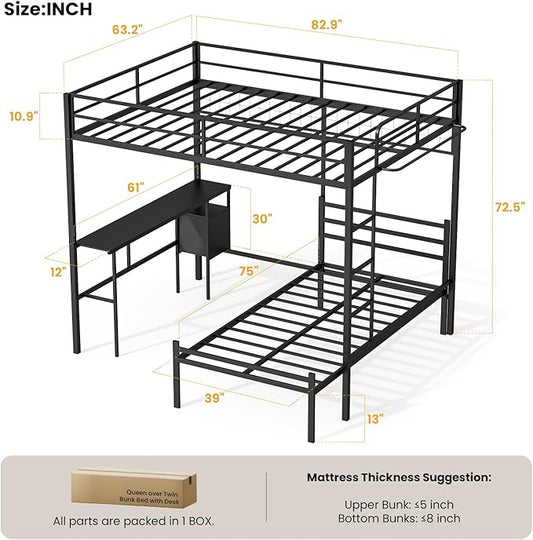 Queen Over Twin Bunk Bed with Desk - Detachable Queen Loft Bed with Drawers & Shelves, L-Shaped Create Spacious Home Office or Lounge Underneath - Sturdy Metal Frame Family-Friendly for All Ages