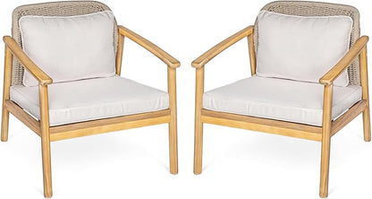 Christopher Knight Home Octavia Outdoor Club Chairs Set of 2, Acacia Wood Accent Chair with Cushion, Woven Rope Backrest Armchair, Solid Wood Frame Chair, Patio Chair for Porch Backyard, Beige+Teak