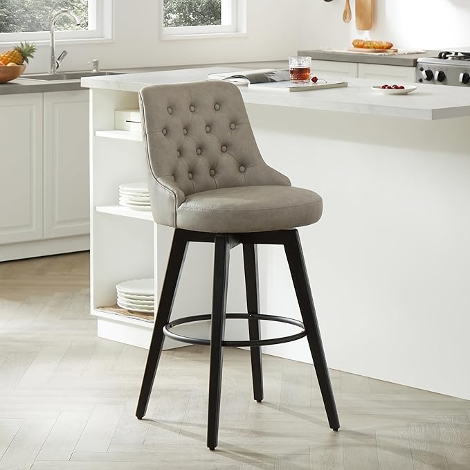 Watson & Whitely Bar Stools, 360° Swivel Upholstered Bar Stool with Back, 30" H Bar Height Barstools, Set of 2, Faux Leather in Stone Grey