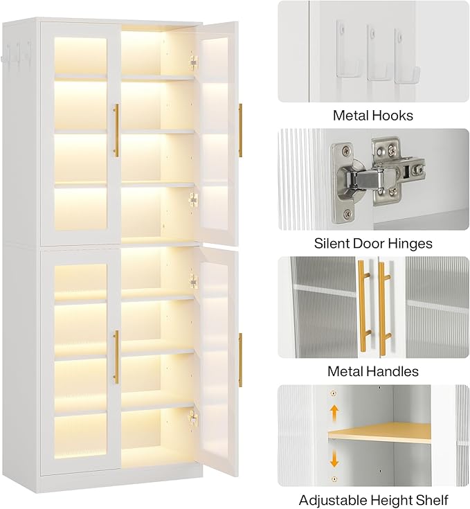 Tribesigns Tall Shoe Storage Cabinet with Acrylic Doors and LED Lights, 8-Tier Shoe Organizer Rack with Adjustable Shelves and Hanging Hooks for Narrow Closet, Hallway, Living Room, White (Set of 2)
