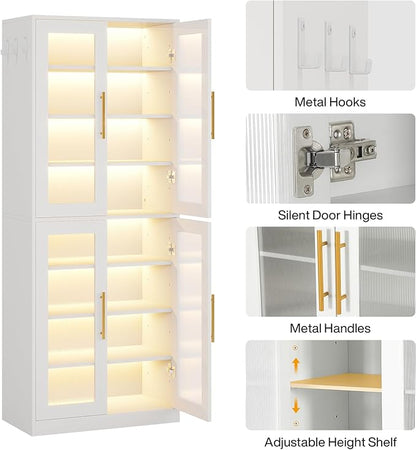 Tribesigns Tall Shoe Storage Cabinet with Acrylic Doors and LED Lights, 8-Tier Shoe Organizer Rack with Adjustable Shelves and Hanging Hooks for Narrow Closet, Hallway, Living Room, White (Set of 2)
