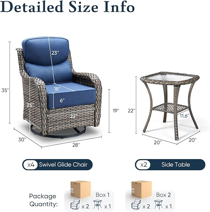 Belord Luxury 6" Thick Cushioned Outdoor Swivel Rocker Patio Chairs Set of 4 with Side Table, High Back Wicker Furniture Set with Ergonomic Zone Back, Conversation Set for Deck Porch - Grey+Blue