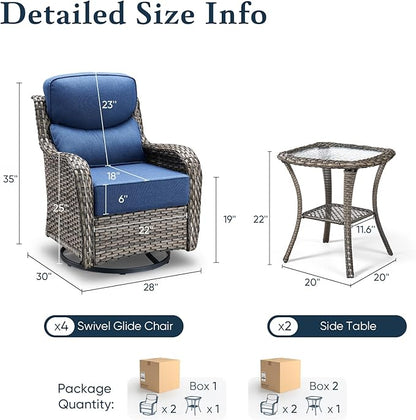 Belord Luxury 6" Thick Cushioned Outdoor Swivel Rocker Patio Chairs Set of 4 with Side Table, High Back Wicker Furniture Set with Ergonomic Zone Back, Conversation Set for Deck Porch - Grey+Blue