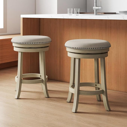 COSTWAY 360° Swivel Bar Stools Set of 4, 26.5-inch Height Upholstered Round Barstools with Wooden Frame, Seat and Footrest, Backless Solid Wood Counter Stools for Kitchen Island Bistro Pub, Beige