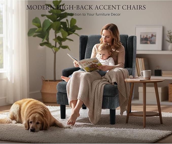 Accent Chair for Living Room Chairs Upholstered Oversized Reading Chair Armchair Accent Chairs for Living Room Chair with High Back and Wood Legs,Arm Chair Comfy Chair for Bedroom(Dark Grey)