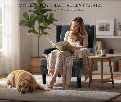 Accent Chair for Living Room Chairs Upholstered Oversized Reading Chair Armchair Accent Chairs Set of 2 Living Room Chair with High Back and Wood Legs,Arm Chair Comfy Chair for Bedroom(Dark Grey)