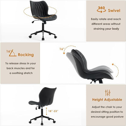 YOUNUOKE Armless Desk Chair Comfy Office Chair with Wheels Home Ergonomic Task Chair Adjustable Computer Chairs Modern Faux Leather Swivel Chair Upholstered Makeup Vanity Chair with Back(Black)