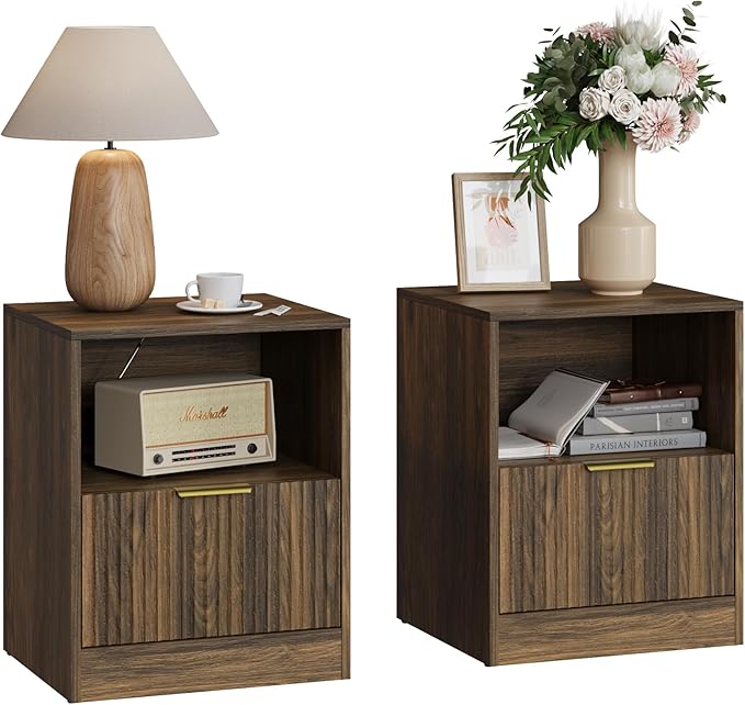 3-Piece Modern Bedroom Furniture Set, Wide 8-Drawer Dresser & 1-Drawer Nightstands Set of 2, Natural Wood Dresser and Nightstand Sets for Bedroom, Hallway, Walnut