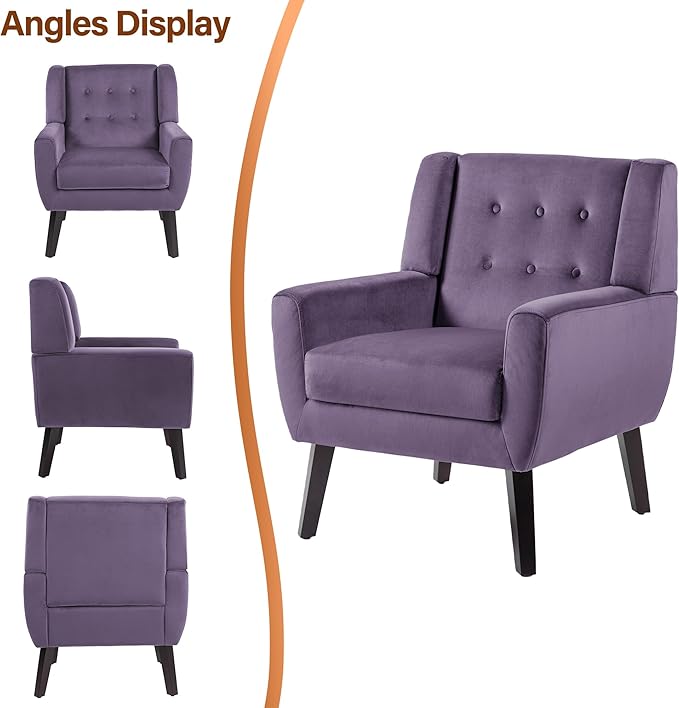 Lumibee Accent Chair, Modern Velevet Armchair for Living Room, Comfy Upholstered Arm Chair Tufted for Indoor Bedroom Office Room (Purple Velvet)