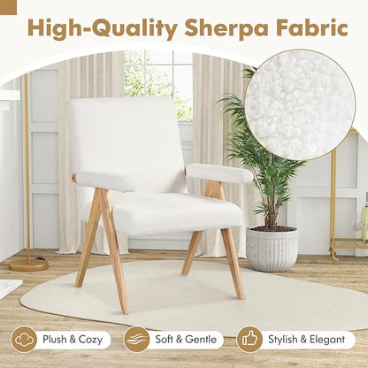 Giantex Mid-Century Modern Accent Chair, Sherpa Fabric Reading Chair with Padded Armrests, Solid Rubber Wood Frame, Upholstered Side Arm Chair for Living Room, Bedroom, Office, Beige