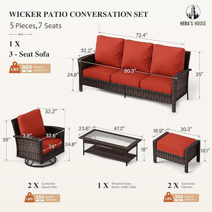 HERA'S HOUSE Red Outdoor Furniture Set with 35" High Back Swivel Chairs, Wicker Patio Conversation Sets with 5.5" Waterproof Cushions for Deck Lawn Yard