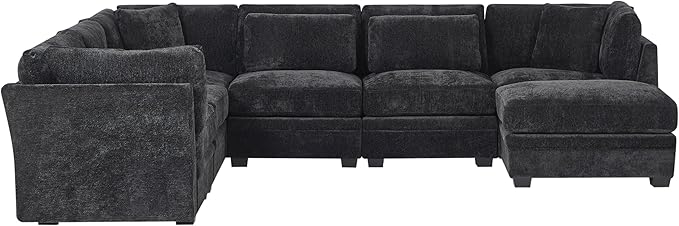 Christopher Knight Home Zery 7-Piece U-Shape Lounge Sofa Couch with Ottomans, Modern Modular Sectional Sofa Set with Pillow Back for Living Room, Chenille Upholstered Cloud Couch with Deep Seat,Black