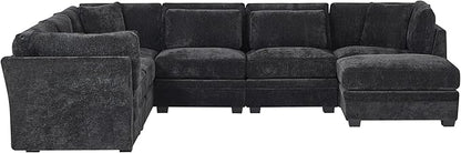 Christopher Knight Home Zery 7-Piece U-Shape Lounge Sofa Couch with Ottomans, Modern Modular Sectional Sofa Set with Pillow Back for Living Room, Chenille Upholstered Cloud Couch with Deep Seat,Black