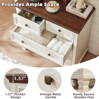 Farmhouse Bedroom Dresser and Nightstand Set of 4, 6 Drawer Low & 5 Drawers Dresser & 3 Drawer Nightstand Set with Wooden Legs, Rustic Wood Bedroom Furniture for Livingroom, Hallway, White