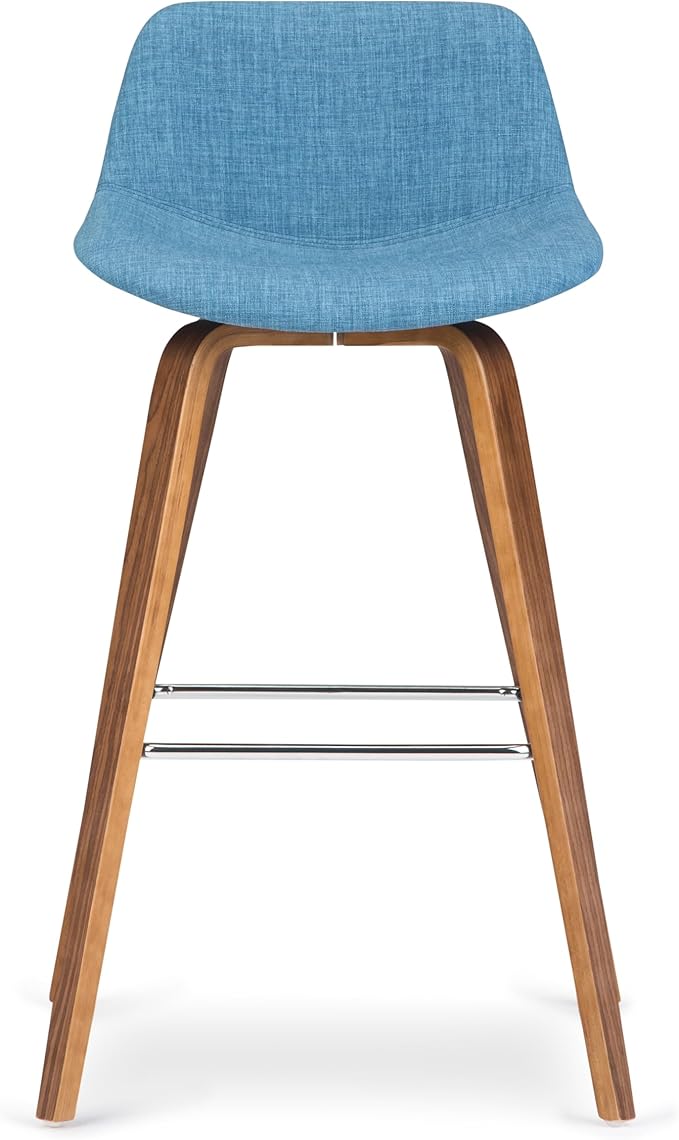 SIMPLIHOME Randolph Counter Stools (Set of 2) - 28 Inch Seat Height Upholstered Bentwood Kitchen Seats in Medium Blue Linen Look Fabric, Mid Century Modern Seating with Curved Backrest and Footrest