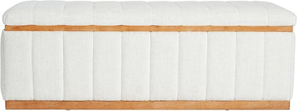 Christopher Knight Home Kira Living Room Ottoman with Storage, Linen Upholstered Storage Ottoman Bench with Channel-Tufted Design, Wood Frame Sofa Foot Stool, Bedroom End of Bed Bench, Beige
