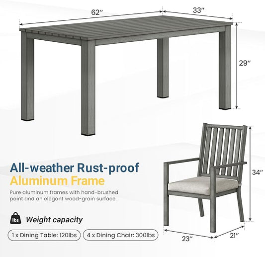 Wisteria Lane Aluminum 6 Pieces Patio Dining Sets, Outdoor Dining Table with 4 Chairs and Bench, Outdoor Patio Dining Furniture Set with Removable Cushion for Lawn, Garden, Backyard, Gray